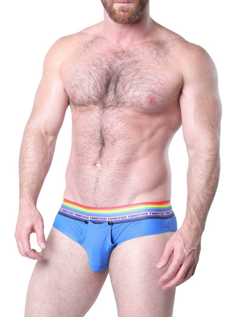 Man wearing blue underwear with a rainbow waistband on a white background