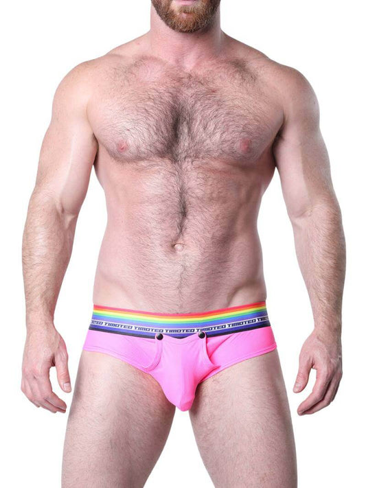 Man wearing blue underwear with a rainbow waistband on a white background