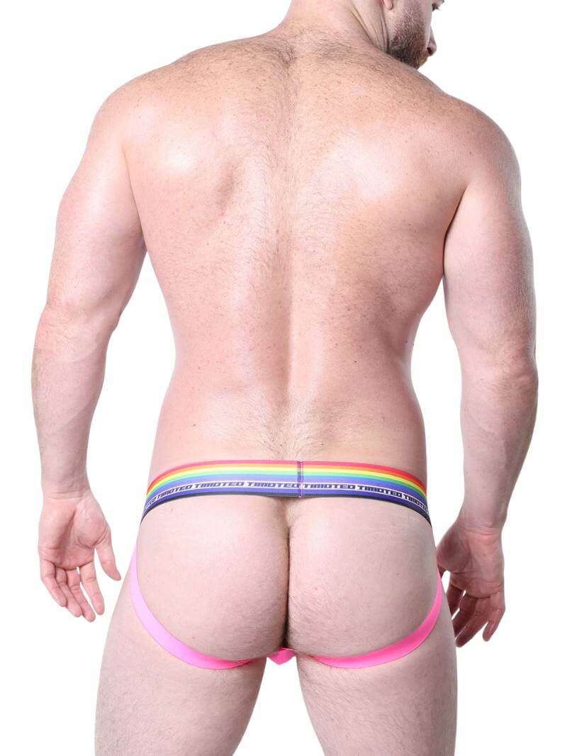 Man wearing pink underwear with a rainbow waistband on a white background