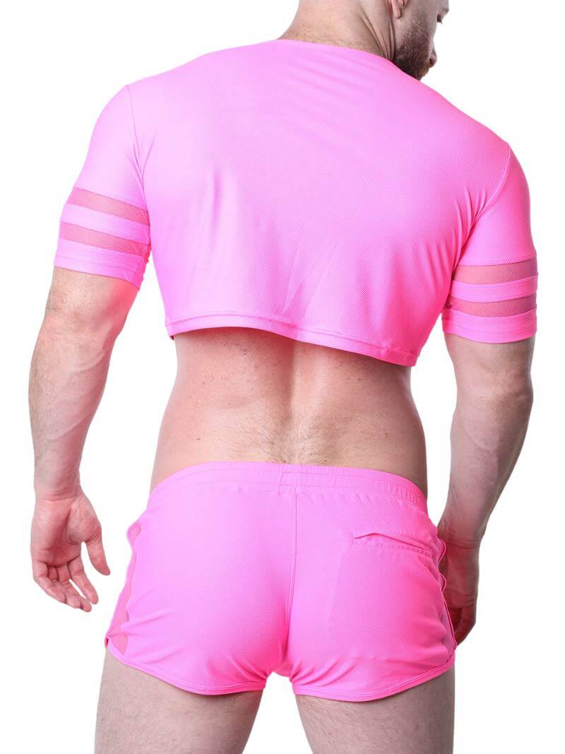 Man wearing a blue athletic outfit with mesh panels and rainbow stripes on a white background