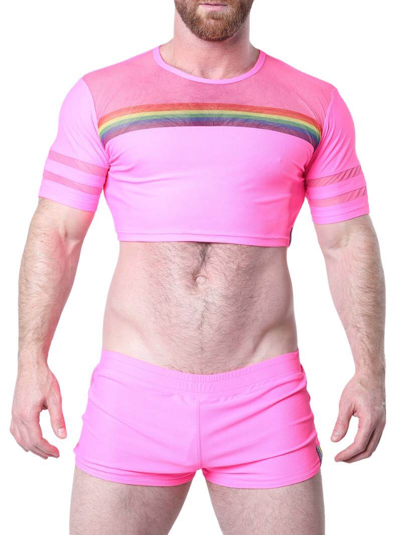 Man wearing a blue athletic outfit with mesh panels and rainbow stripes on a white background