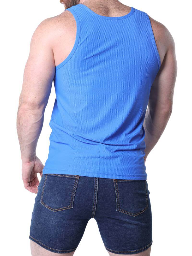 Man wearing a blue tank top with rainbow stripes on a white background