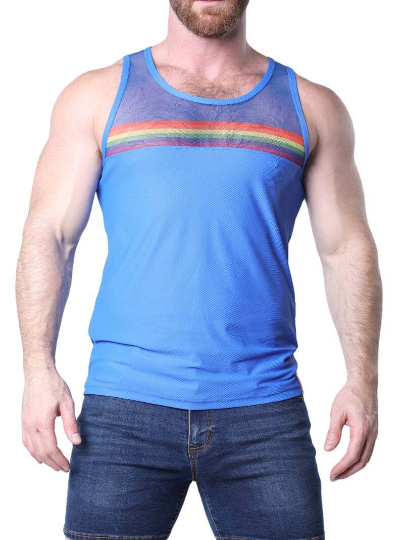 Man wearing a blue tank top with rainbow stripes on a white background