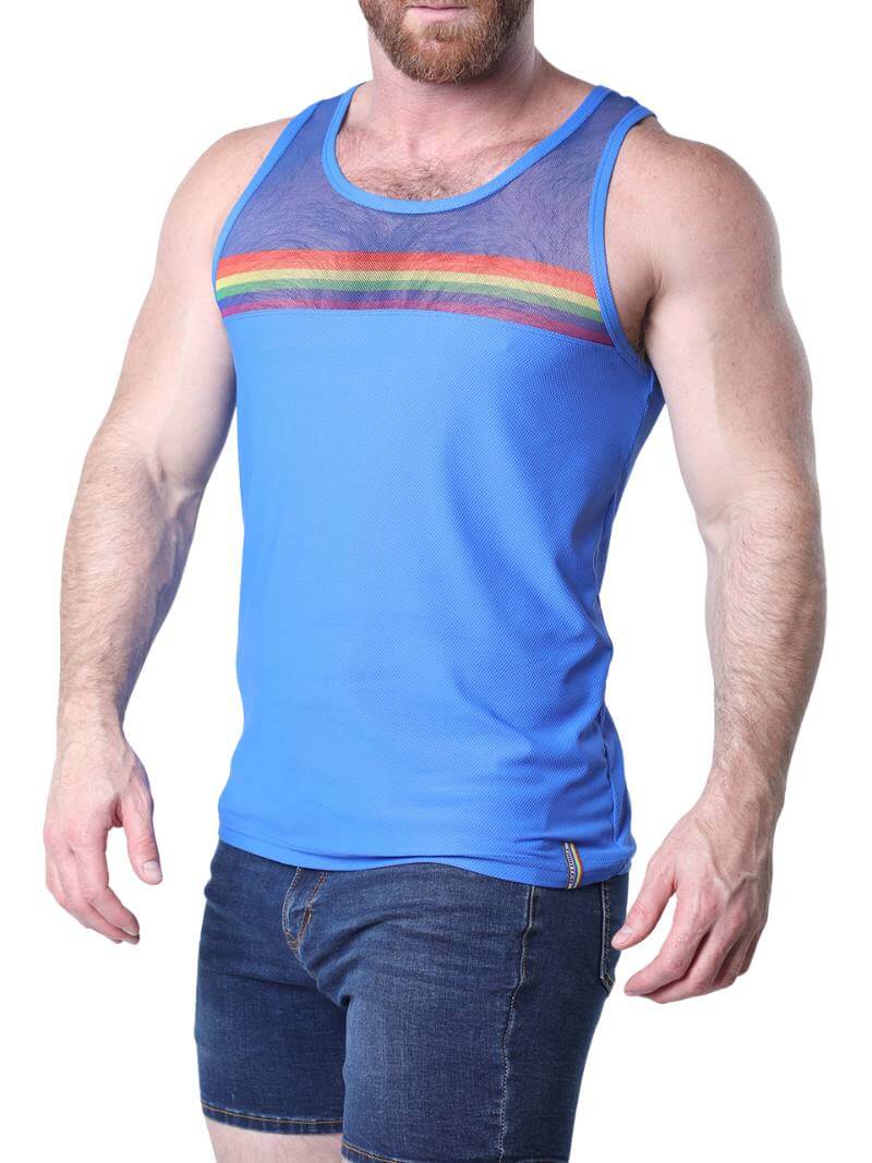 Man wearing a blue tank top with rainbow stripes on a white background