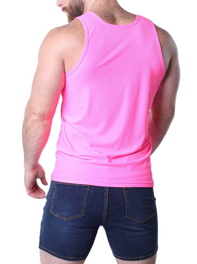 Person wearing a pink tank top with a rainbow stripe on a white background