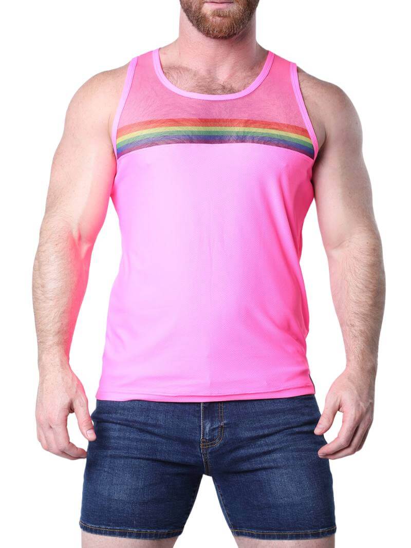 Man wearing a blue tank top with rainbow stripes on a white background