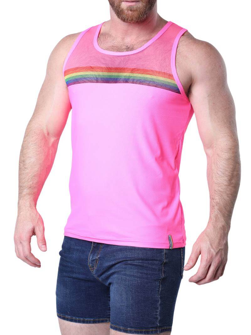 Person wearing a pink tank top with a rainbow stripe on a white background