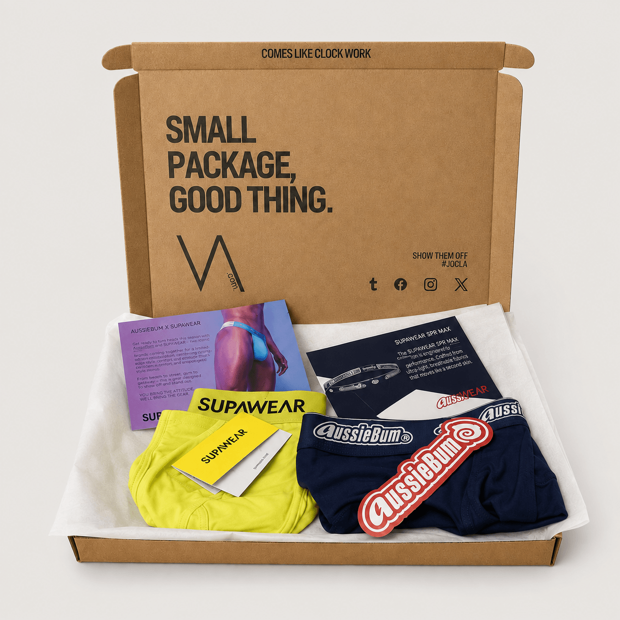 An example cardboard subscription box with two pairs of underwear for the VA CLUB men's underwear subscription service. The box contains Supawear and aussieBum underwear products