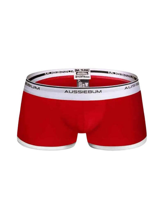 A pair of aussieBum Baseline Bamboo Hipster Mini Trunks in solid red color with white leg bindings and the aussieBum signature white waistband.