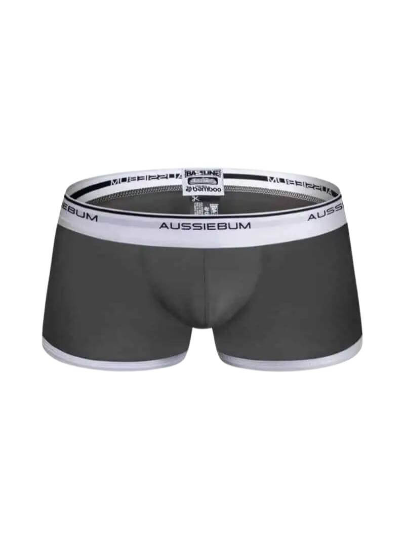 A pair of aussieBum Baseline Bamboo Hipster Mini Trunks in solid gray color with white leg bindings and the aussieBum signature white waistband.