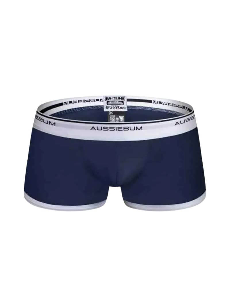 A pair of aussieBum Baseline Bamboo Hipster Mini Trunks in solid gray color with white leg bindings and the aussieBum signature white waistband.