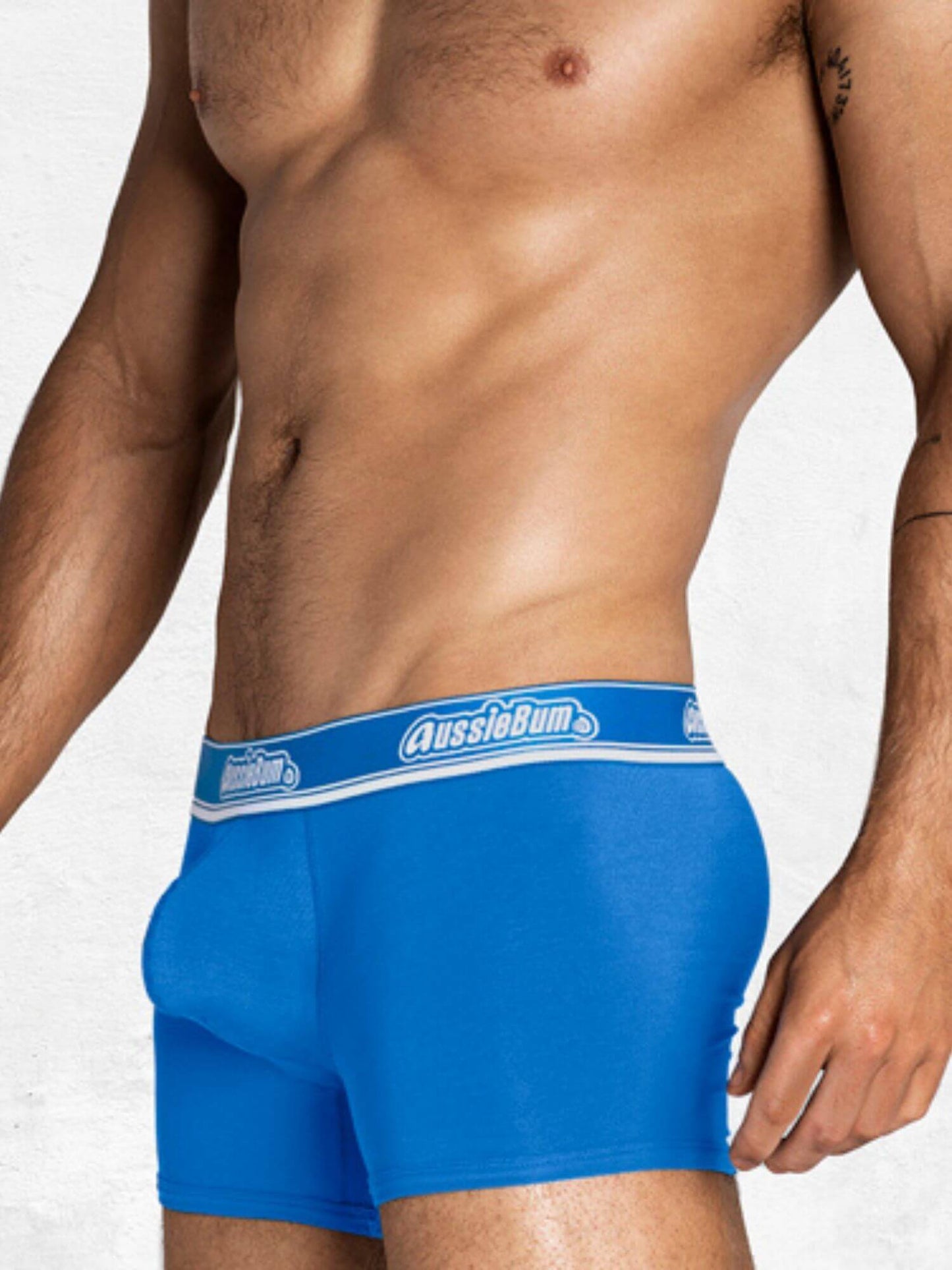 Blue underwear with a visible brand logo on a white background