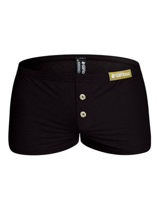 A pair of gray aussieBum Freedom Bamboo Boxer Shorts with a relaxed fit, short legs, low-rise, and a thin elasticated waistband. They feature a gold button-up fly.