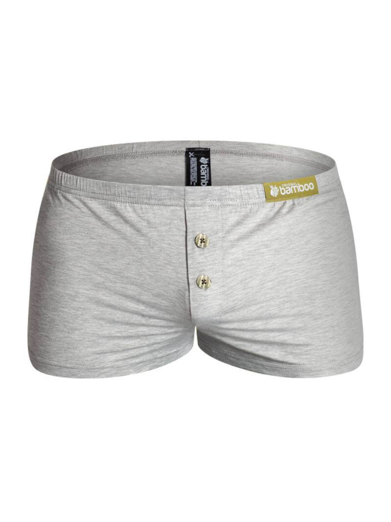 A pair of gray aussieBum Freedom Bamboo Boxer Shorts with a relaxed fit, short legs, low-rise, and a thin elasticated waistband. They feature a gold button-up fly.