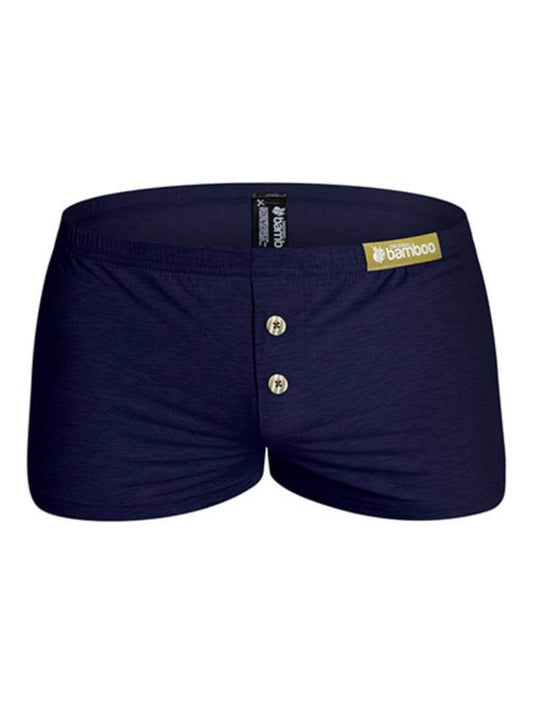A pair of gray aussieBum Freedom Bamboo Boxer Shorts with a relaxed fit, short legs, low-rise, and a thin elasticated waistband. They feature a gold button-up fly.