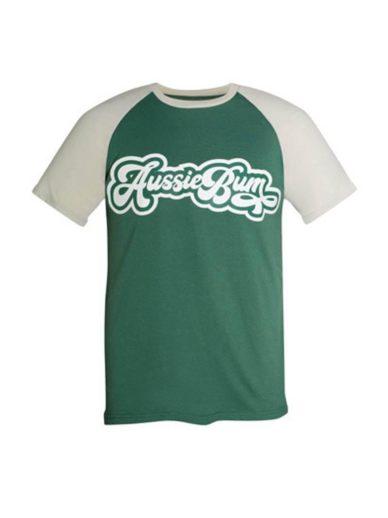 A aussieBum brand baseball t-shirt with contrasting white sleeves and neckline, and the aussieBum logo on the chest.