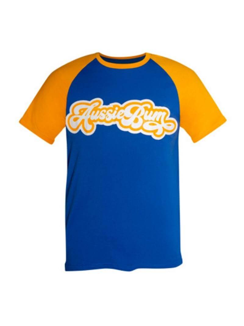 A aussieBum brand baseball t-shirt with contrasting white sleeves and neckline, and the aussieBum logo on the chest.