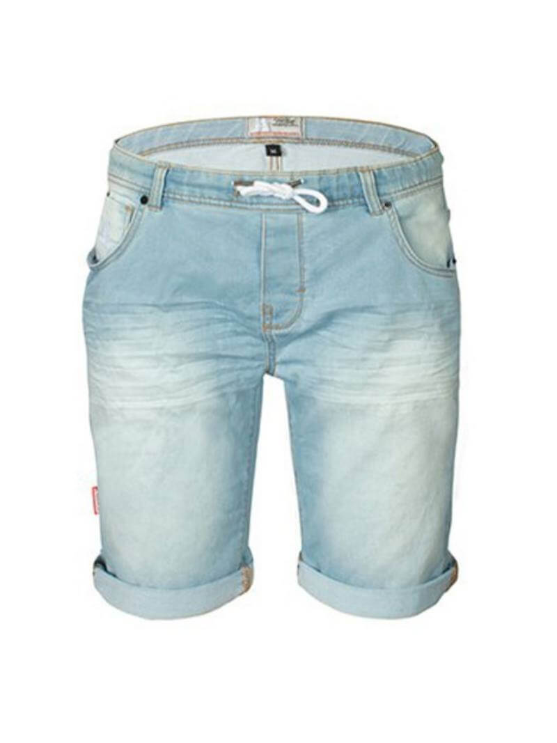 Light wash denim shorts with a drawstring waistband and rolled-up leg cuffs, featuring multiple pockets.