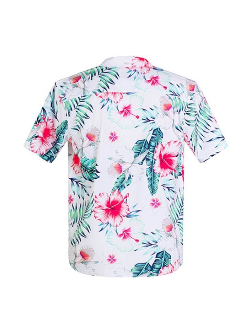 A short-sleeve, collar neck poloshirt with a floral Hawaiian print against a white background.