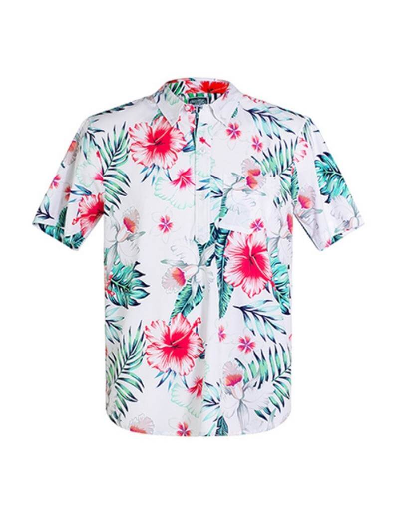 A short-sleeve, collar neck poloshirt with a floral Hawaiian print against a white background.
