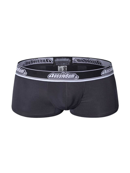 Black aussieBum WonderJock 2.0 trunk with branded waistband, featuring pouch lifting and enhancement technology.