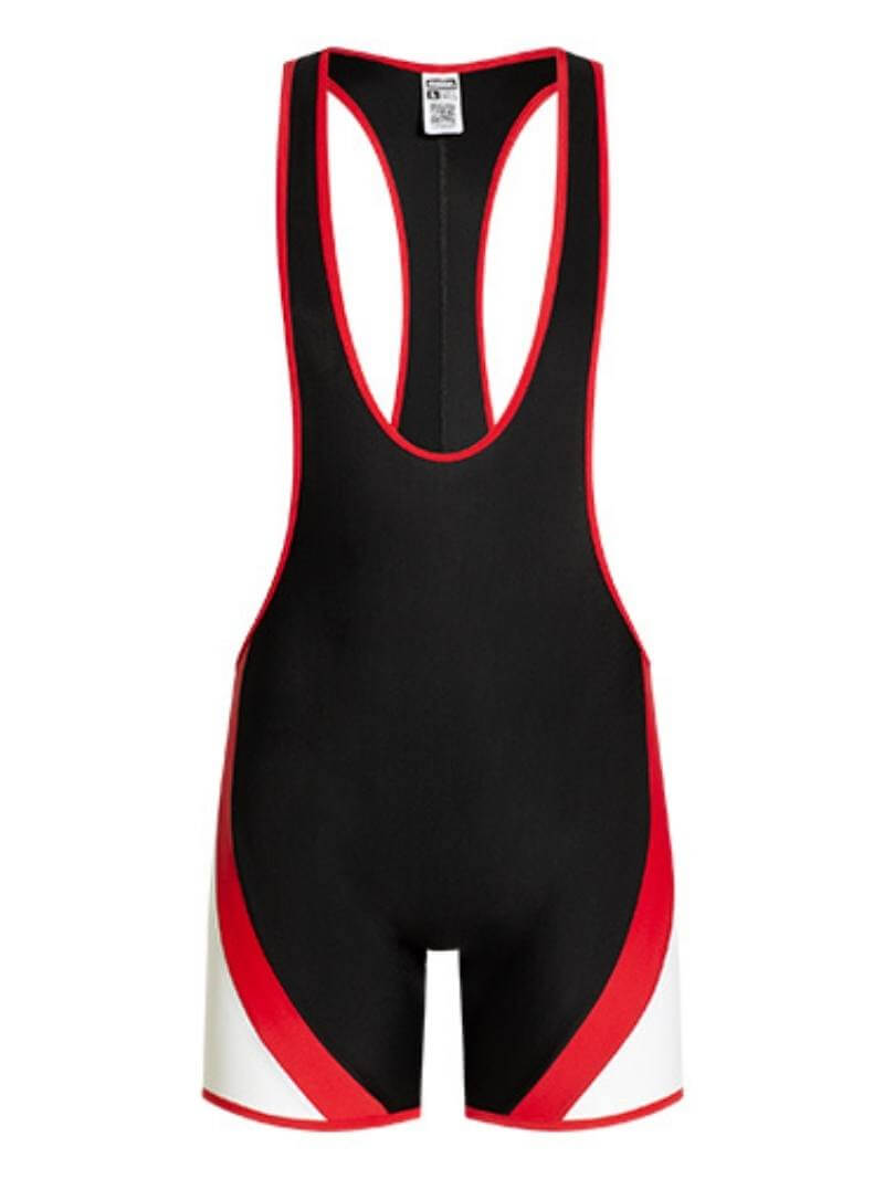 A wrestling singlet with short legs, a racerback top, and scoop neckline. It features a blue body with red and white panel details.