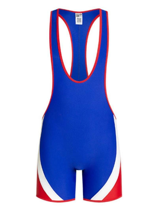 A wrestling singlet with short legs, a racerback top, and scoop neckline. It features a blue body with red and white panel details.