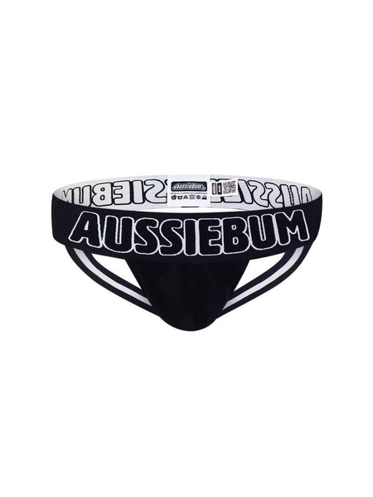 A black aussieBum X-Jock strap with prominent white aussieBum branding, featuring a thick waistband and striped design on the straps.