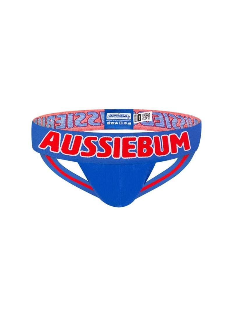 A black aussieBum X-Jock strap with prominent white aussieBum branding, featuring a thick waistband and striped design on the straps.