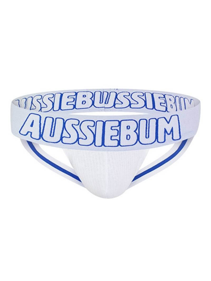 A black aussieBum X-Jock strap with prominent white aussieBum branding, featuring a thick waistband and striped design on the straps.