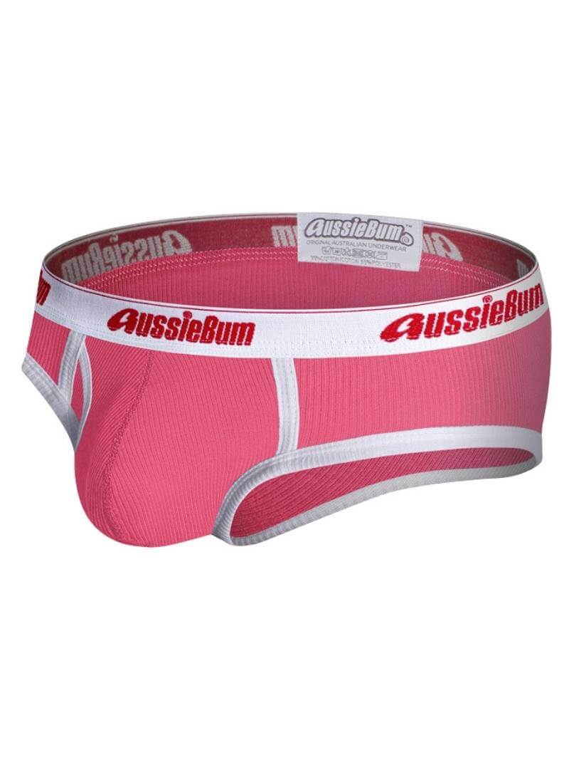 Pink underwear with 'AussieBum' branding on a white background