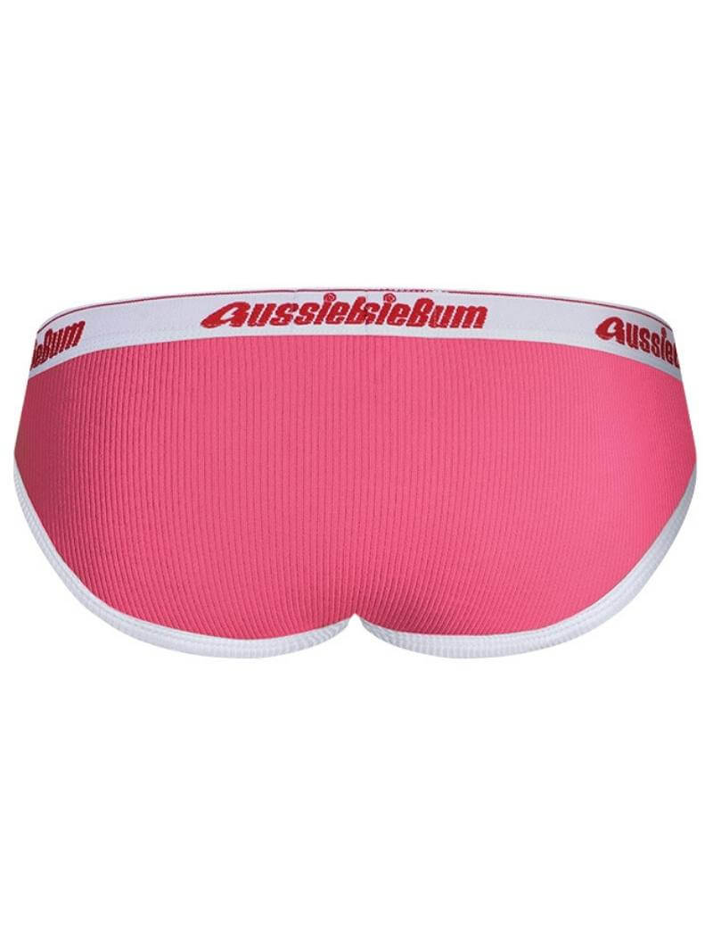 Pink underwear with white waistband featuring 'AussieBum' logo on a white background