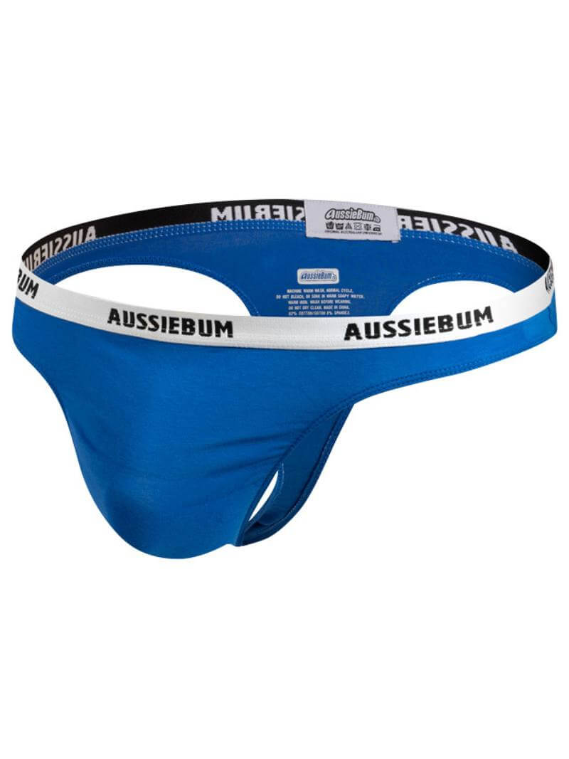 Blue men's underwear with 'Aussiebum' branding on a white background