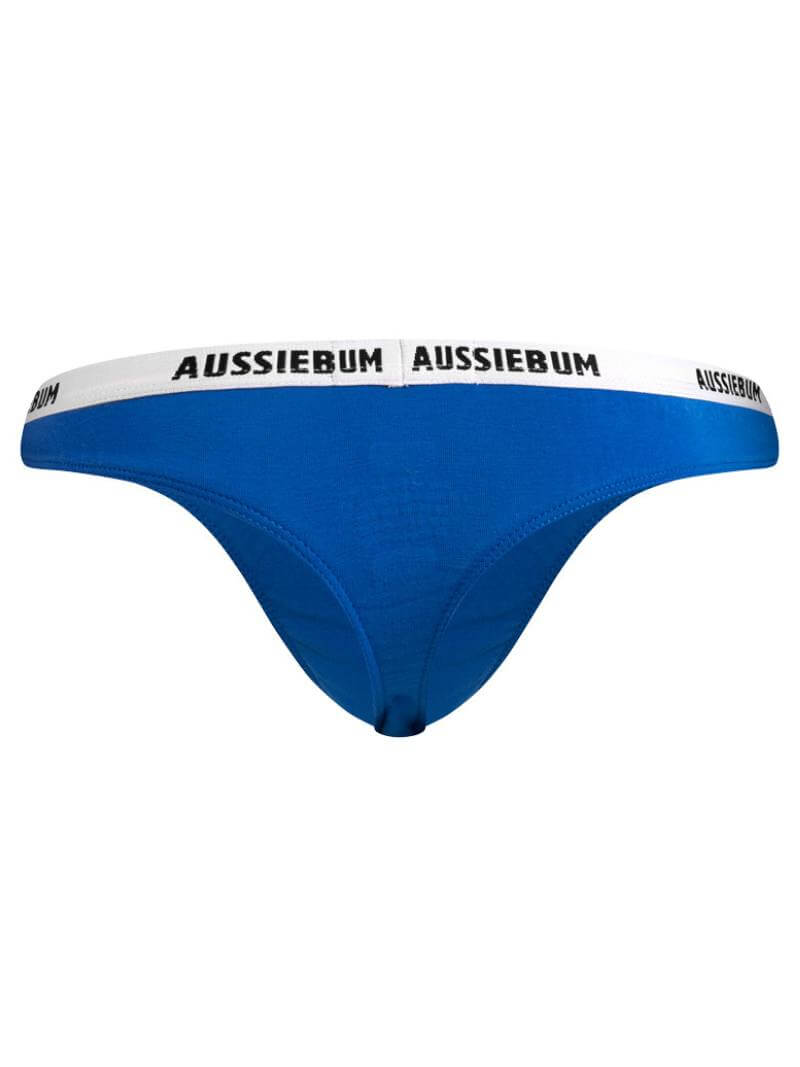 Blue men's underwear with 'AUSSIEBUM' branding on a white background