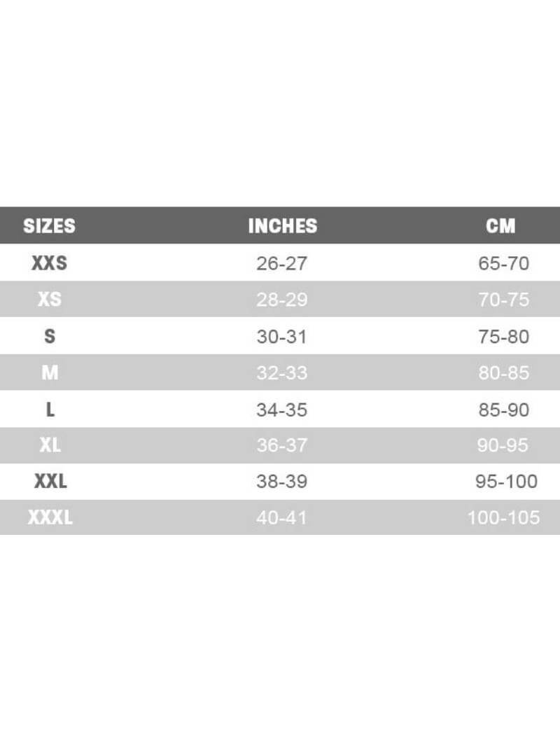 Size chart for clothing measurements in inches and centimeters on a white background