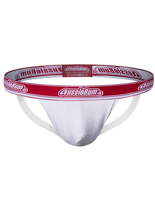 White men's underwear with red waistband featuring 'AussieBum' branding on a white background.