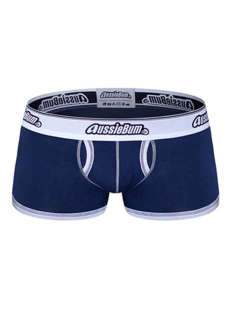 White aussieBum branded waistband on a pair of men's briefs with solid color body and white trims.