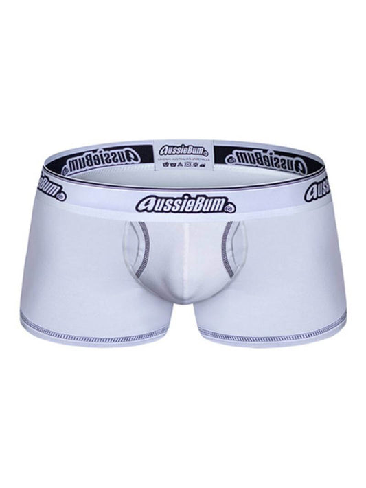 White aussieBum branded waistband on a pair of men's briefs with solid color body and white trims.