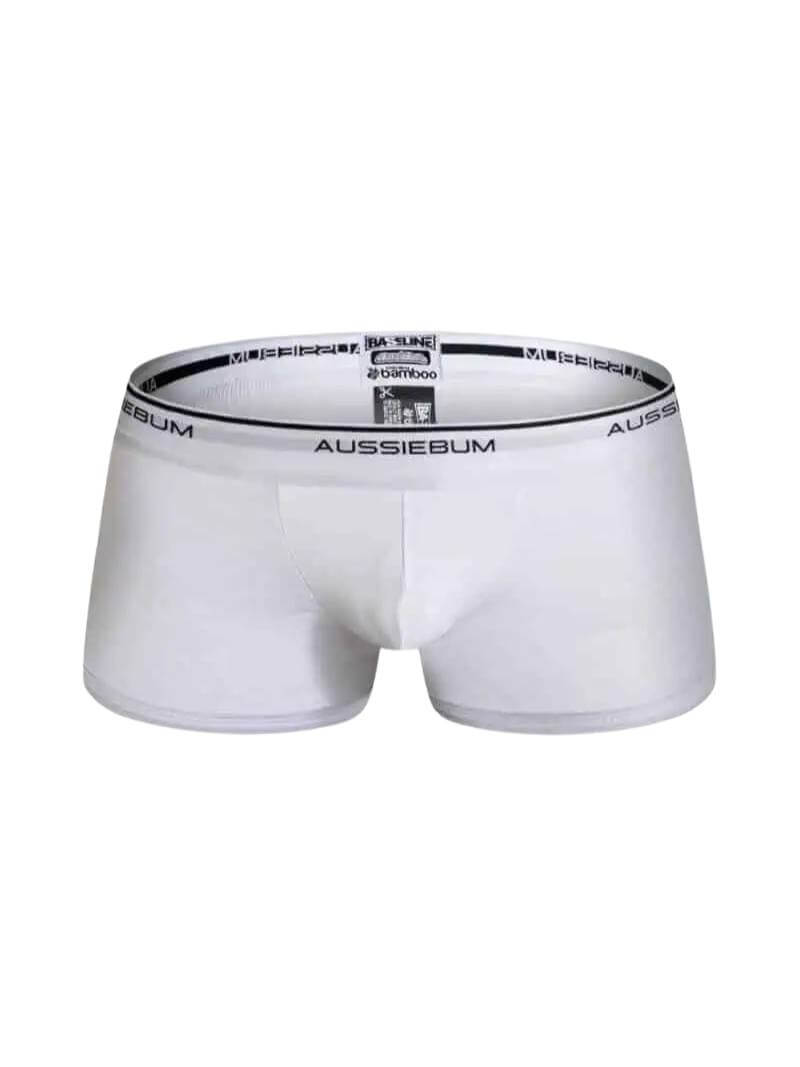 A pair of aussieBum Baseline Bamboo Hipster Mini Trunks in solid gray color with white leg bindings and the aussieBum signature white waistband.