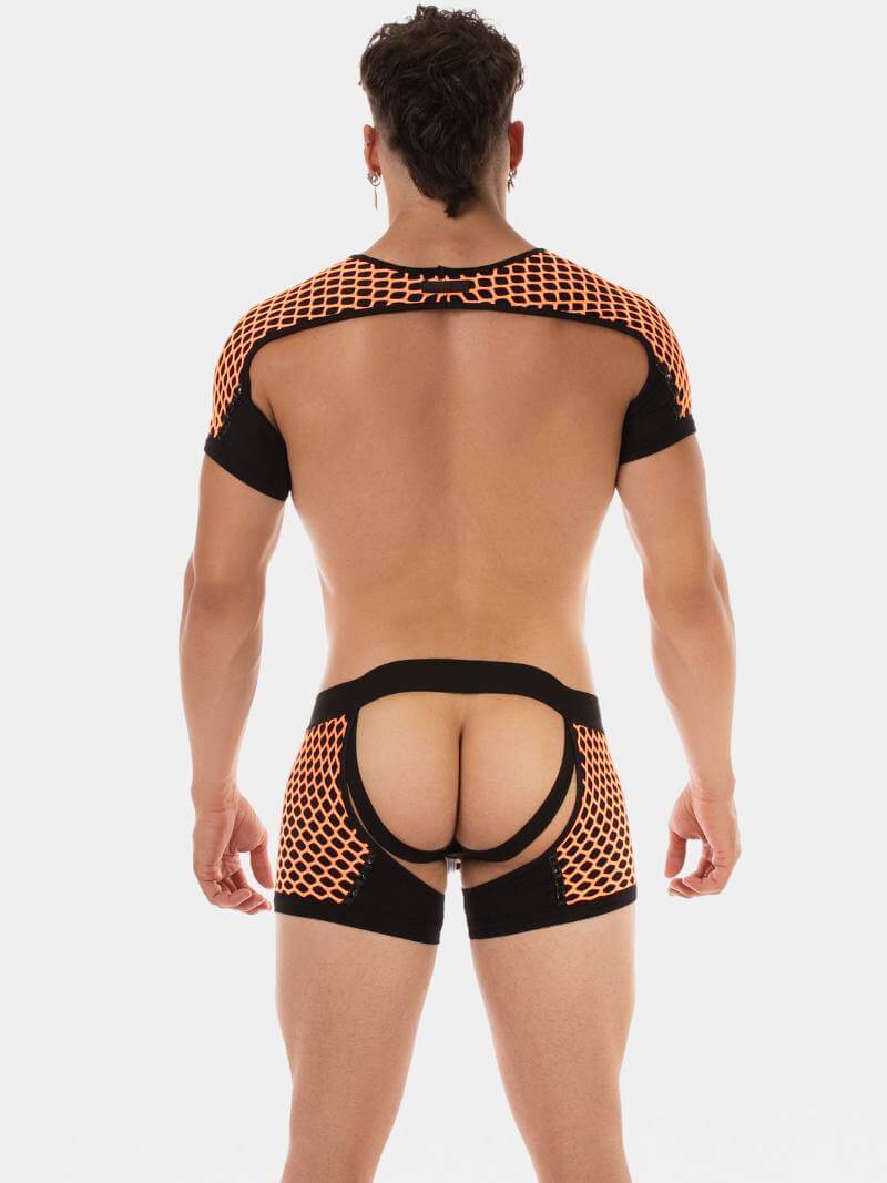 Person wearing black and orange fishnet lingerie on a white background