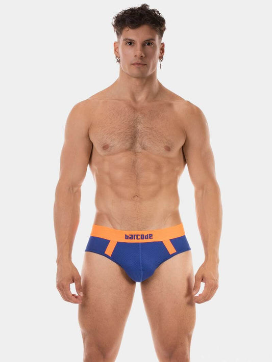 Man wearing blue and orange underwear with 'barcode' branding on a white background