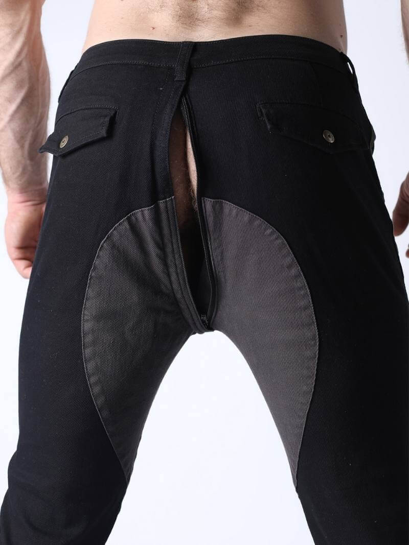 Black pants with a unique design on the back pocket against a white background