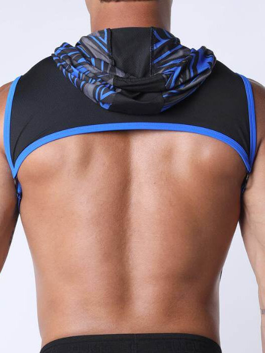 Man wearing a black and blue athletic outfit on a white background