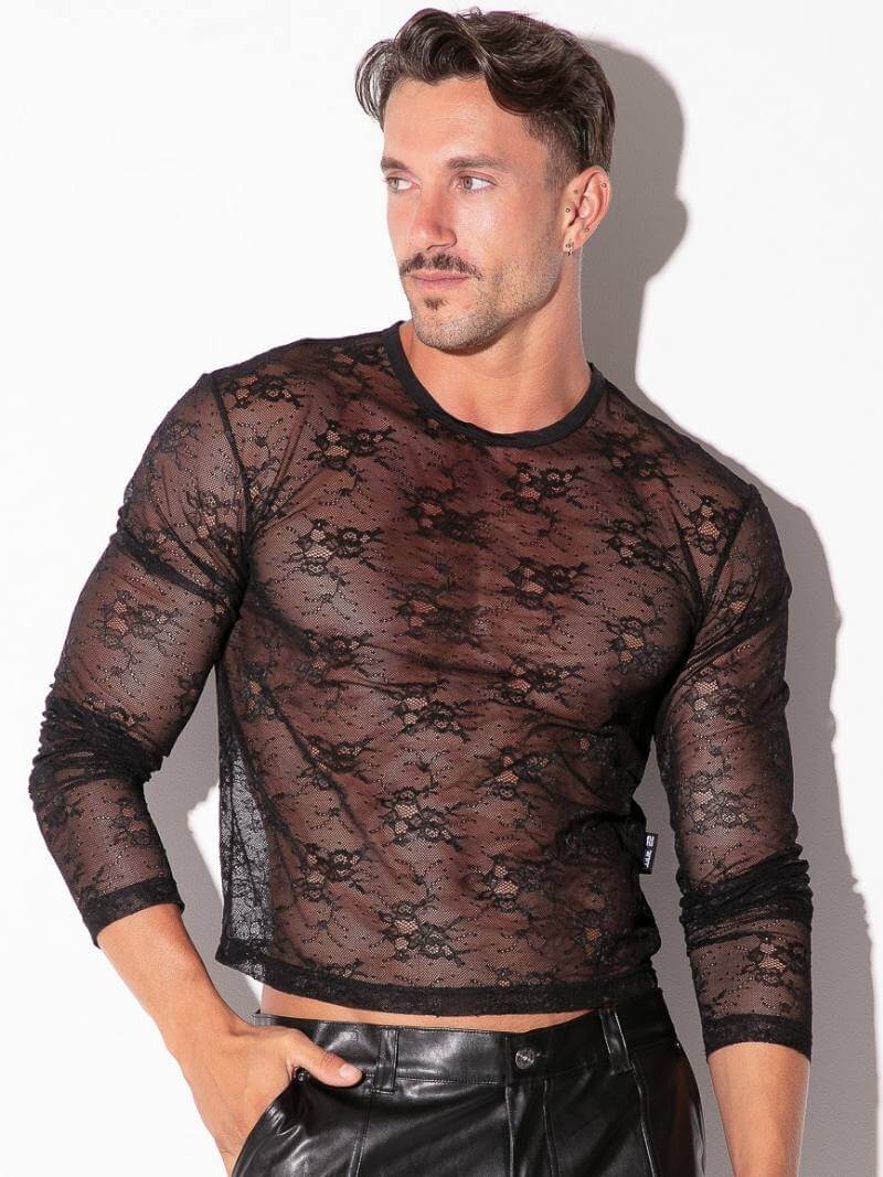 code22 mens black see through sheer lace long sleeve crop top