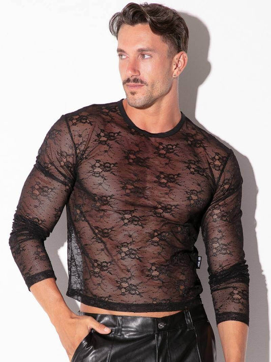 code22 mens black see through sheer lace long sleeve crop top