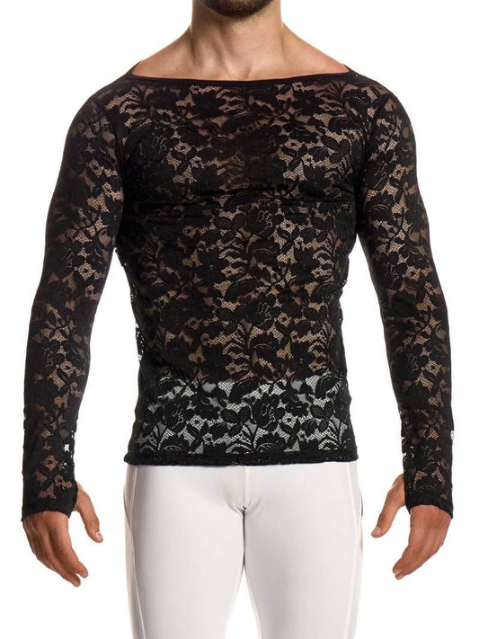 Black lace long-sleeve top worn by a person on a white background