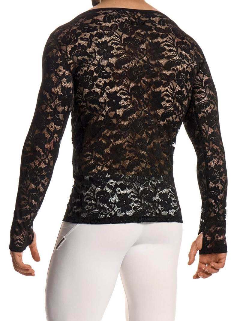 Black lace long-sleeve top worn by a person on a white background
