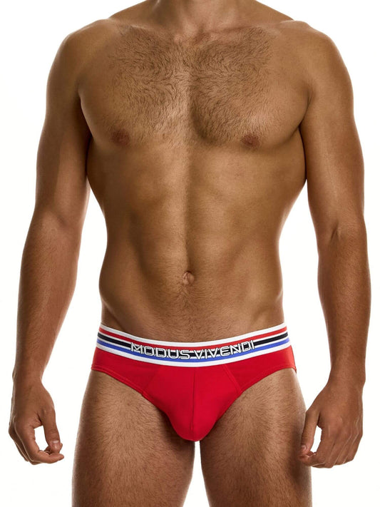 Man wearing a red underwear with a brand logo on a white background