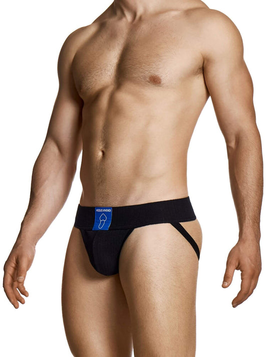 Man wearing a black men's underwear with a visible brand logo on a white background