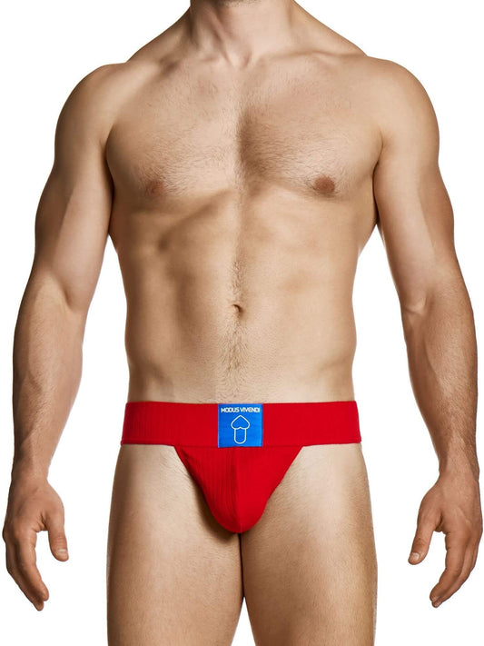 Red men's underwear with a brand logo on a white background